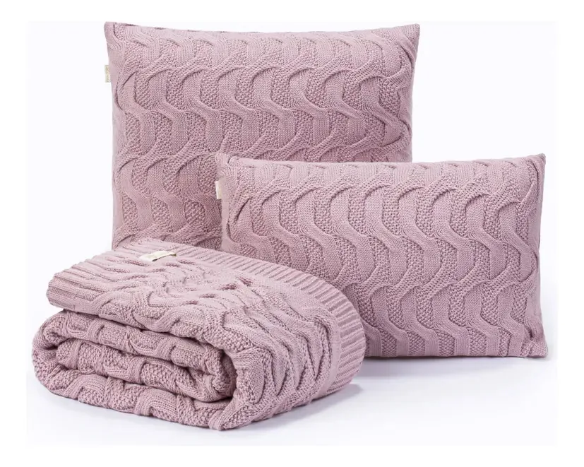 Kit Manta Sofa Cama Casal + 2 Capa Almofada 60x40 Maldivas Cor Rose Desenho Tranças