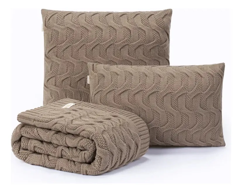 Kit Manta Sofa 180x70 + 2 Capas De Almofada 50x50 Maldivas Cor Capuccino Desenho Tranças