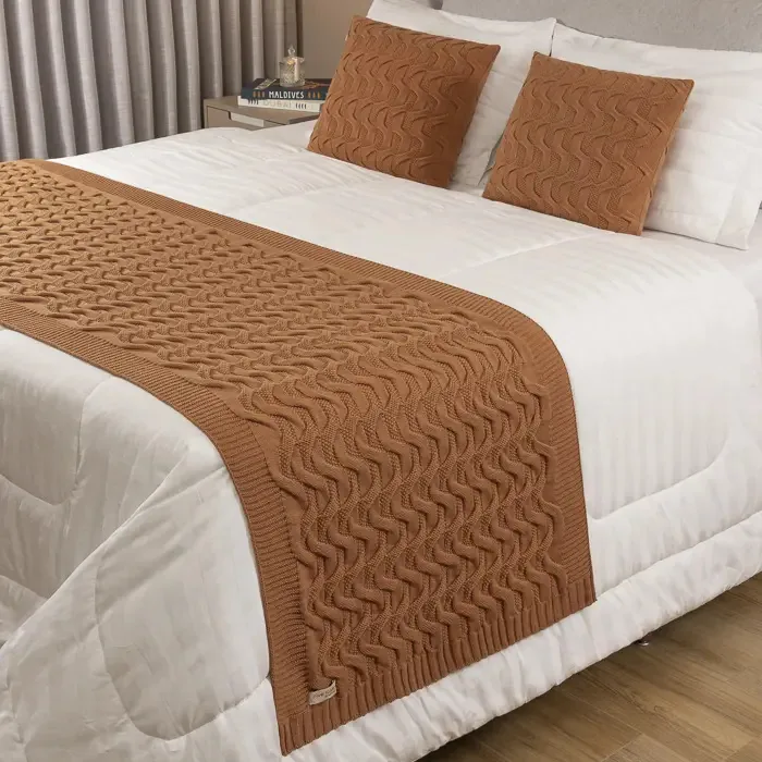 Kit Manta Sofa Peseira Casal 180x70 + 2 Capas 50x30 Maldivas Cor Cobre Desenho Tranças