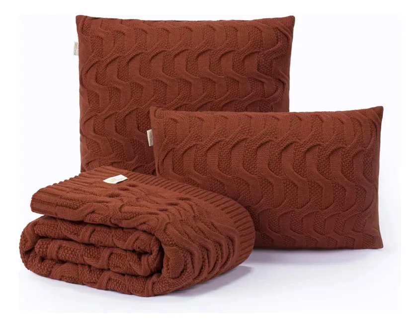 Kit Manta Sofa 180x70 + 2 Capas De Almofada 45x45 Maldivas Cor Terracota Desenho Tranças