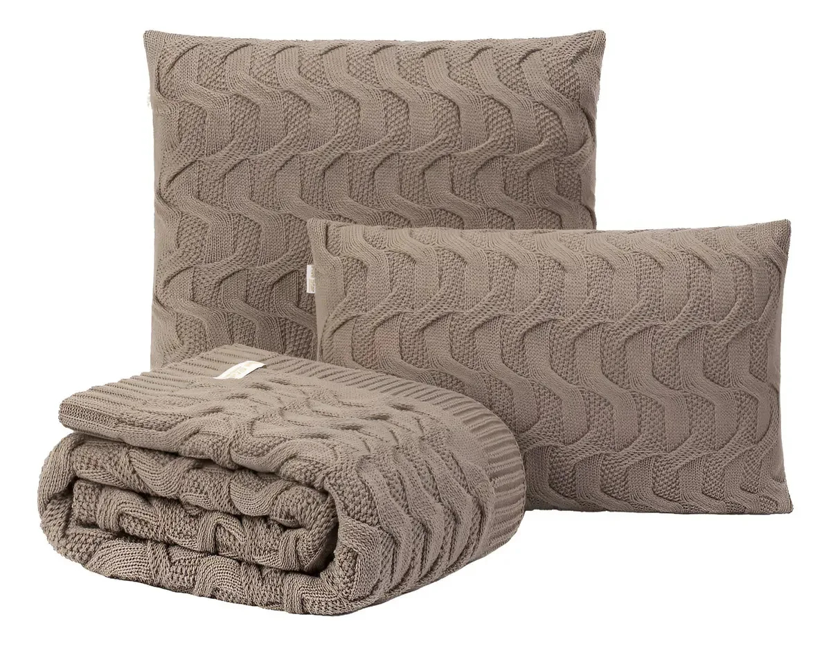 Kit Manta Sofa 260x70 + 2 Capas De Almofada 45x45 Maldivas Cor Capuccino Desenho Tranças