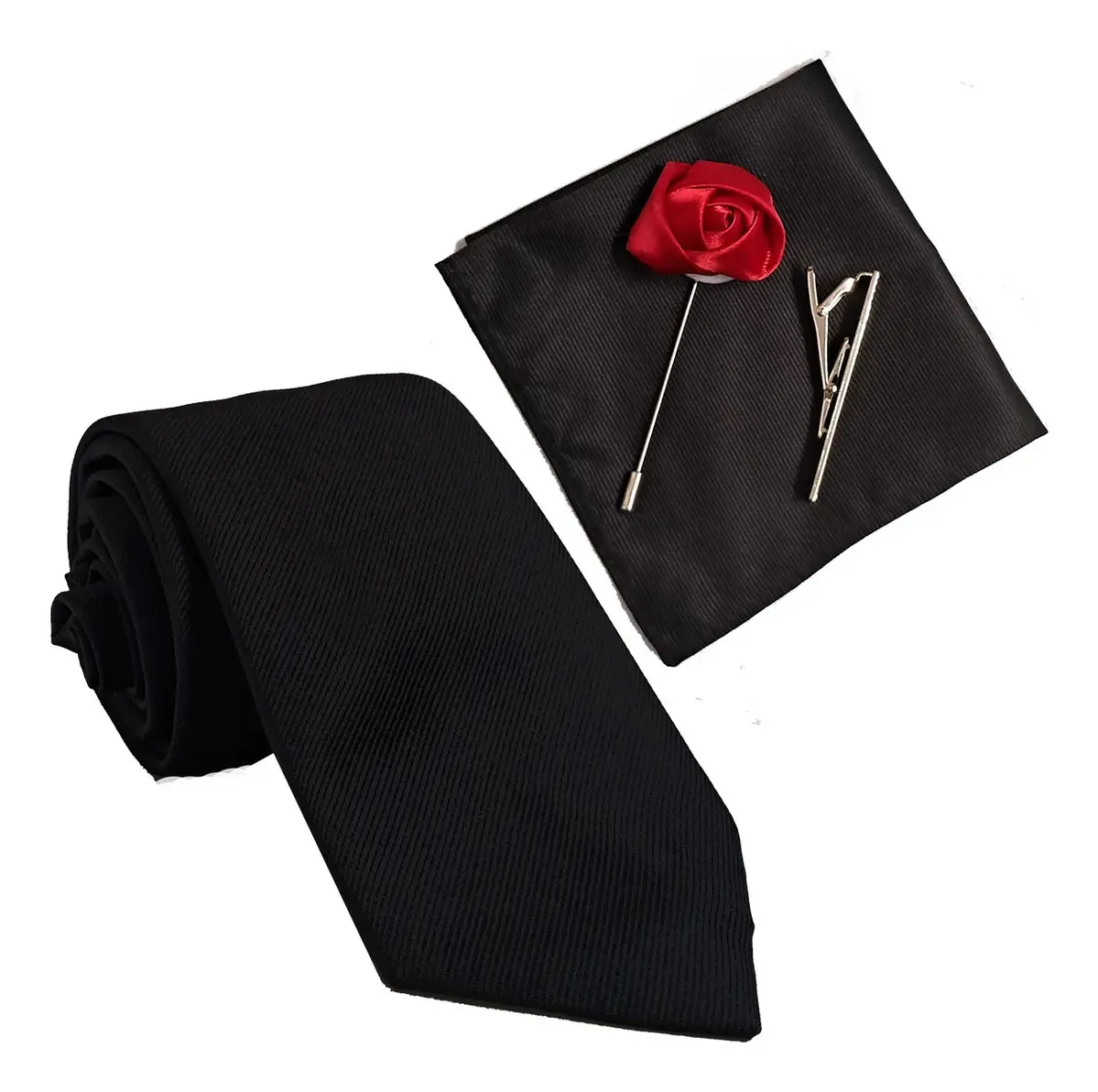 Kit Gravata + Lenço + Clip + Broche + Gravata Borboleta Luxo Cor Preto
