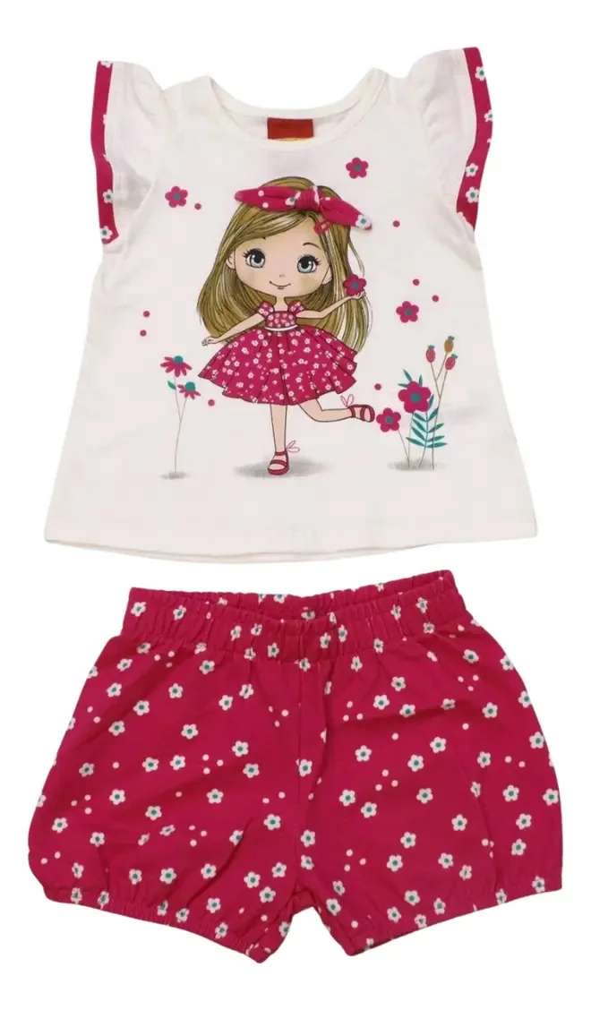 Conjunto Blusa Estampada Menininha E Shorts - Kyly Cor Creme Tamanho M