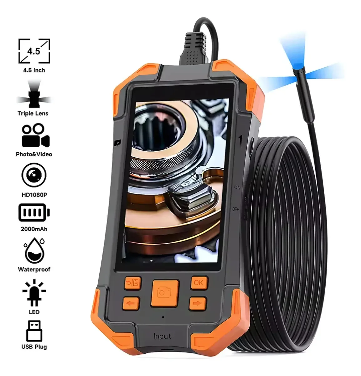 Câmera Endoscópio Boroscópio Lente Tripla Tela 4.3 1080p 5 Metros Diagnóstico Automotivo Sonda Inspeção Industrial Articulado Oficina Prova Dagua Pakeway