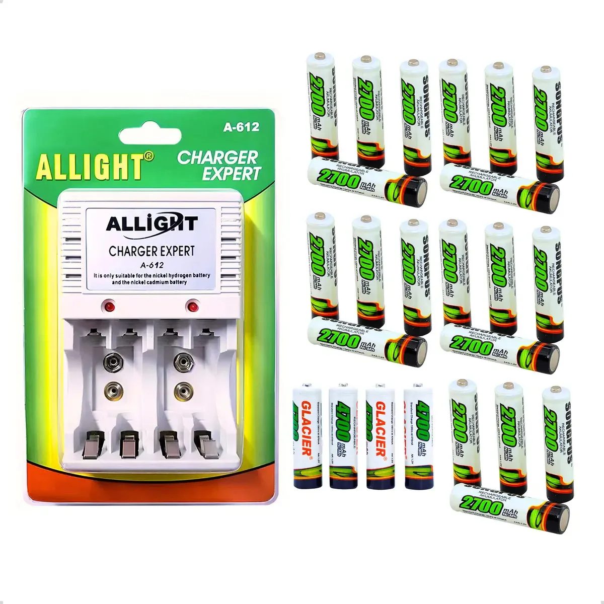 Kit Carregador Pilhas Recarregáveis Bivolt AA AAA 9V + 20 AAA e 4 AA
