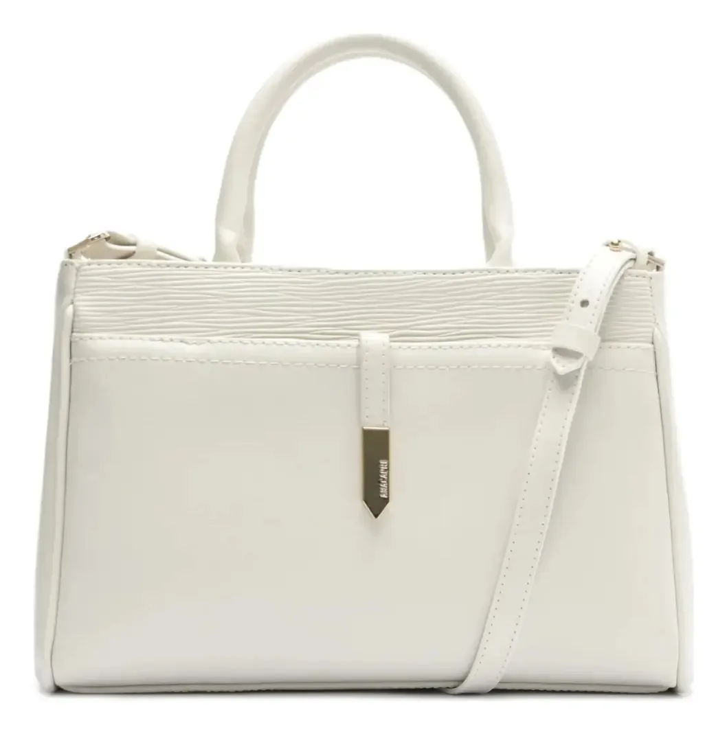 Bolsa Satchel Anacapri Vitória Grande de Couro Branco com Zíper e Ferragens Ouro