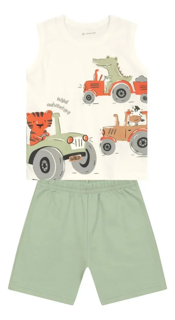 Conjunto Menino Brandili Com Shorts E Regata Branca Jacaré Cor Verde Tamanho 1