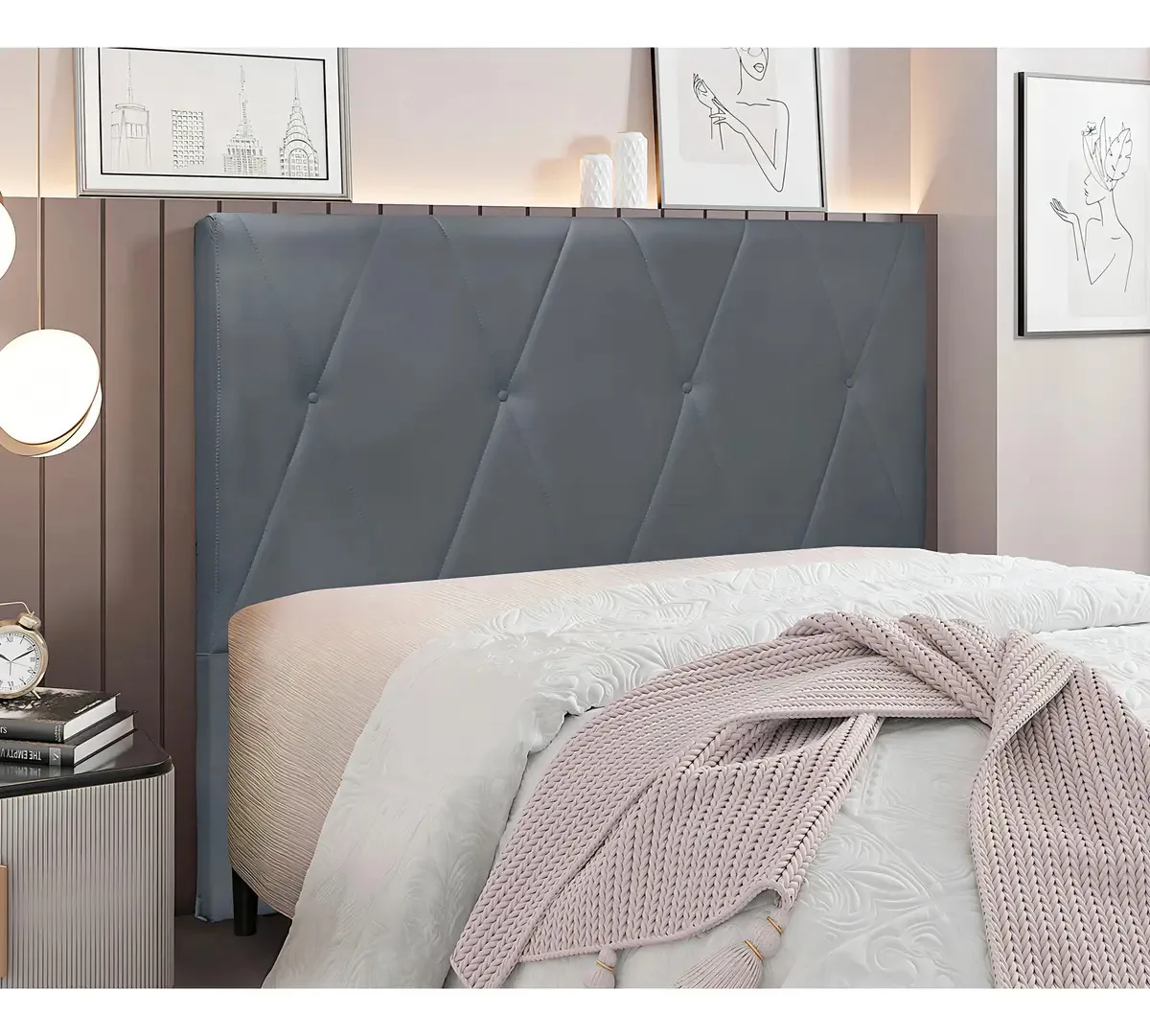 Cabeceira Casal Serena 195cm Veludo Cor Cinza