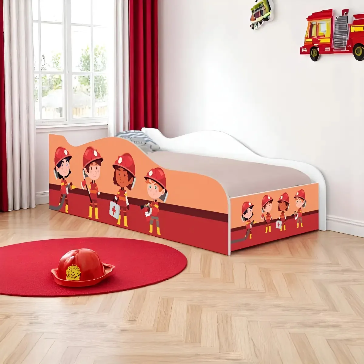 Cama Infantil Temática Bombeiros Solteiro com Grades, Madeira