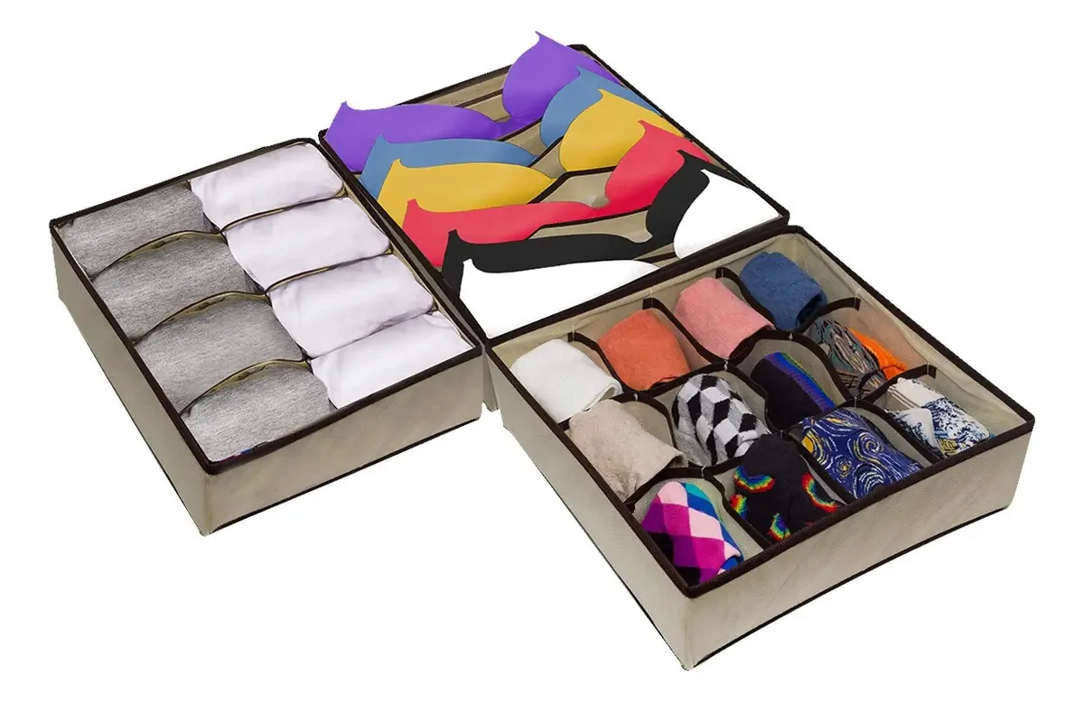 Kit Organizador Colmeia Dobrável para Gaveta de Roupa Íntima Tulls Utilidades – 3 Peças Bege