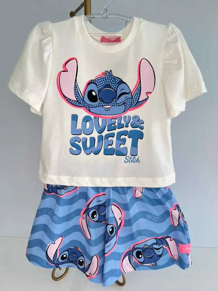 Conjunto Blusa E Shorts Stitch Lovely Momi Cor Azul Tamanho 10