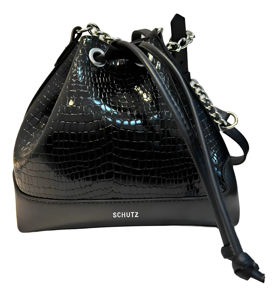 Bolsa Saco Schutz de Couro Croco Preta com Ferragens Prata
