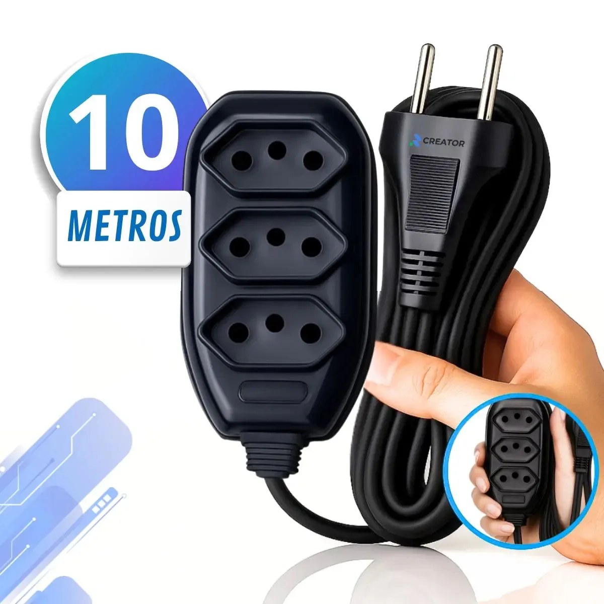 Extensão Elétrica 10 Metros Preto 3 Tomada Tripolar Bivolt Creator Brasil