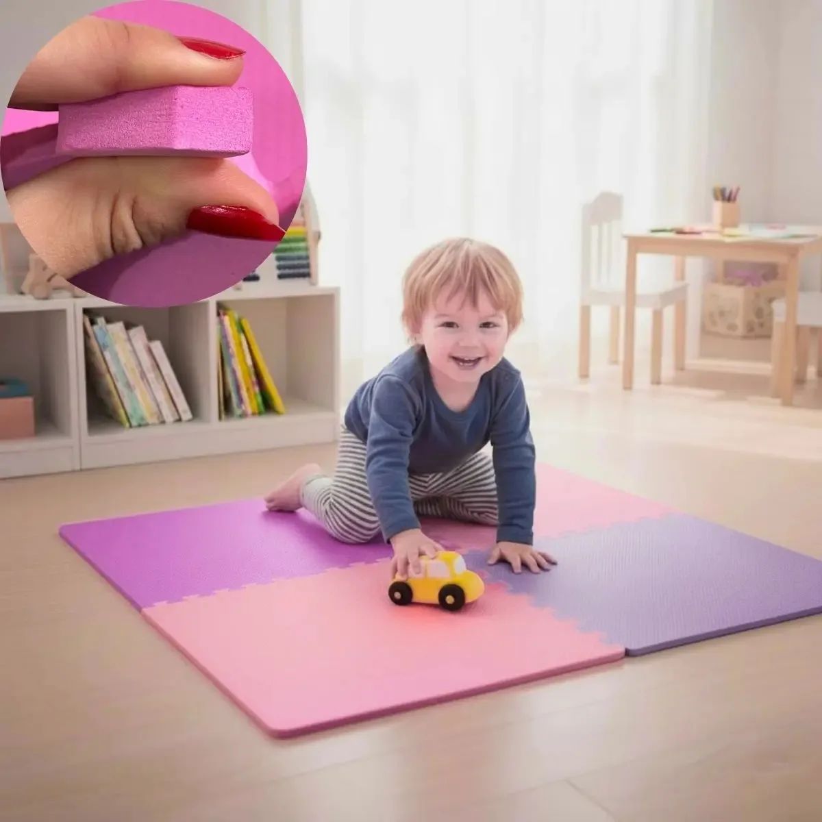 Kit de Tatame EVA 50x50 cm com 10mm Para Bebê e Criança – 4 Peças Tons de Rosa e Lilás – Antiderrapante e Encaixe