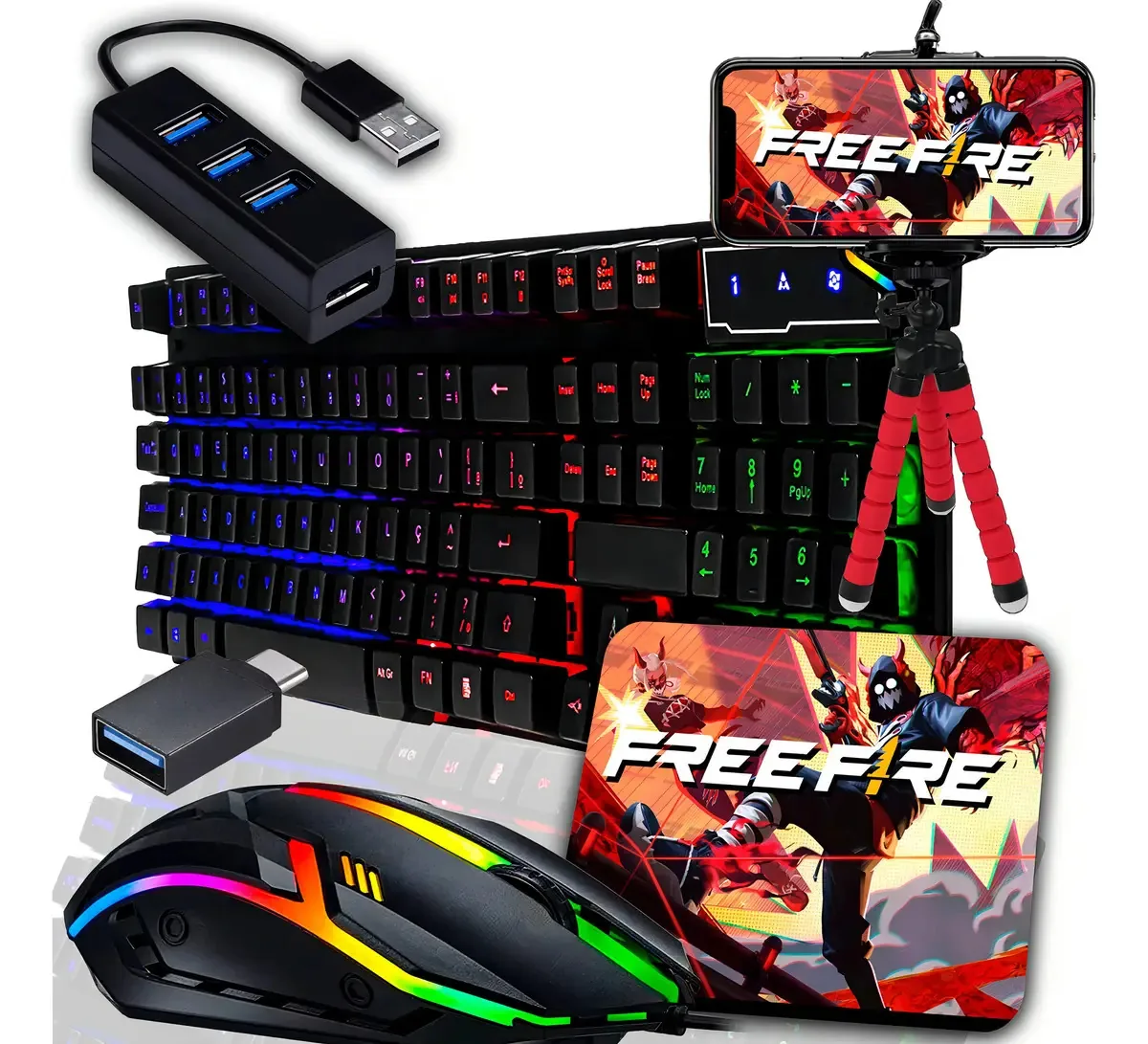 Kit Gamer Mobilador Celular Teclado Mecânico Rgb Mouse Tripé