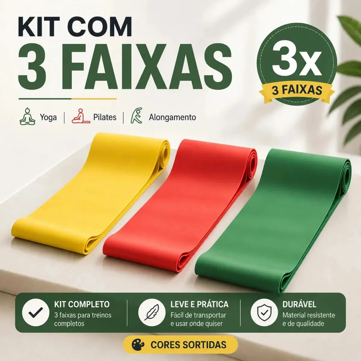 Kit 3 Faixas Elásticas Marca - Jcanova Store - Exercício Treino Funcional Pilates Reabilitação Fisioterapia Glúteos Pernas Alongamento Resistência Média