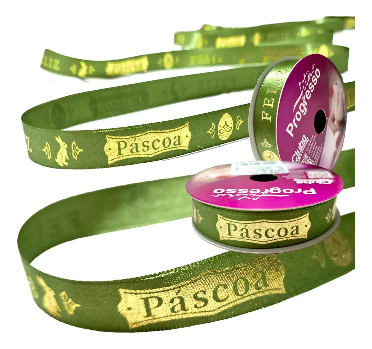 Fita de Cetim de Páscoa Fitas Progresso 1.5 cm Feliz Páscoa Verde com 10 Metros