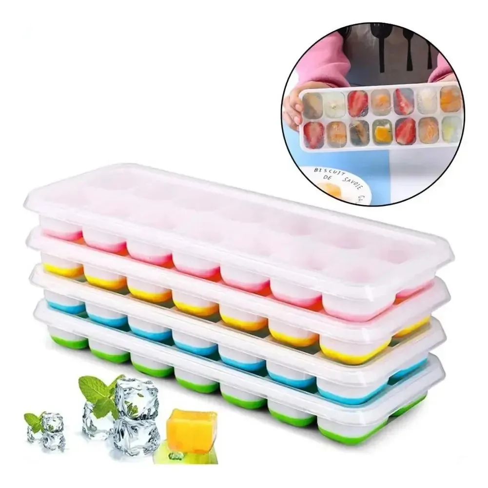 Kit 4 Formas De Gelo Cubo Com Tampa Rígida E Fundo Silicone