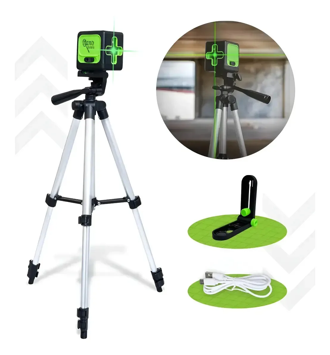 Nível A Laser Verde 2 Linhas Esquadro + Suporte + Tripé Reca