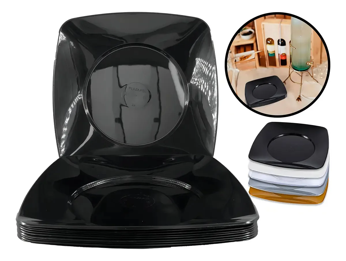Kit 50 Pratos Quadrados Plástico Resistente Preto 21cm Plazapel