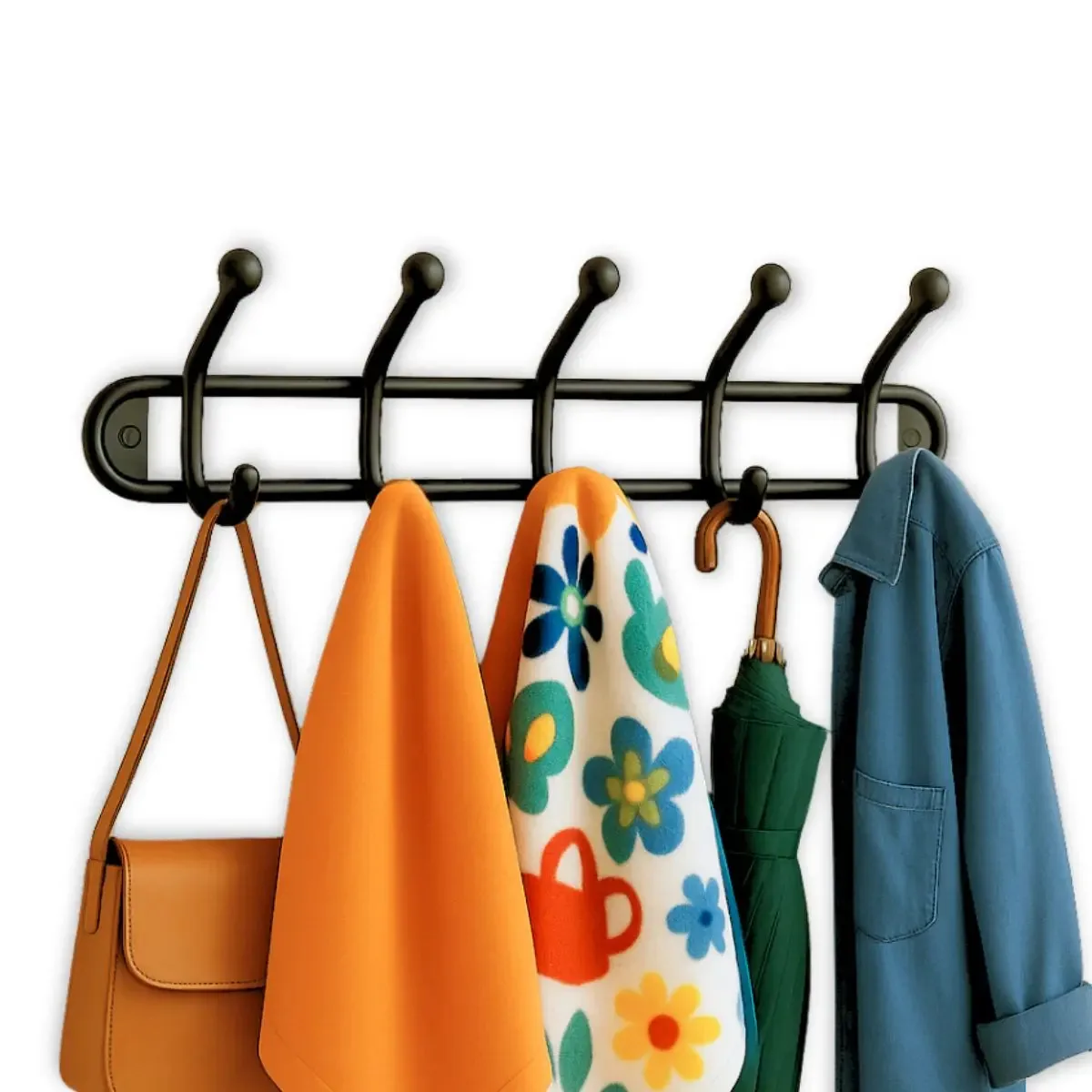 Cabide Cabideiro De Parede E Porta Suporte Para Roupas Toalhas E Bolsas Com 5 Ganhos Duplos Resistente Preto A Colorida