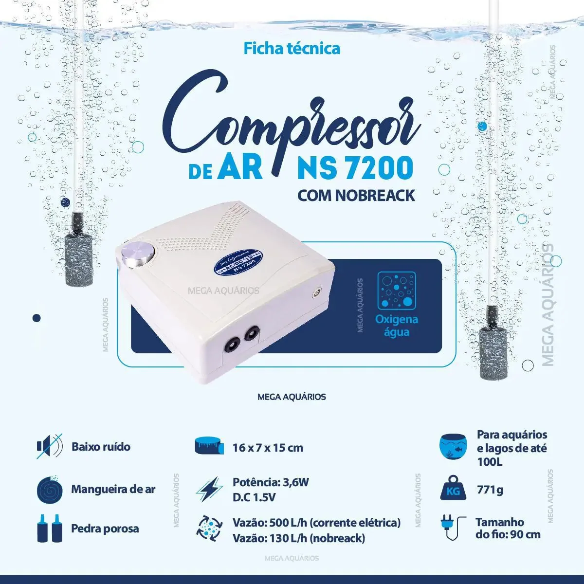 Bombinha Ar Aquário Minjiang Ns 7200 + Mangueira Pedra 220v