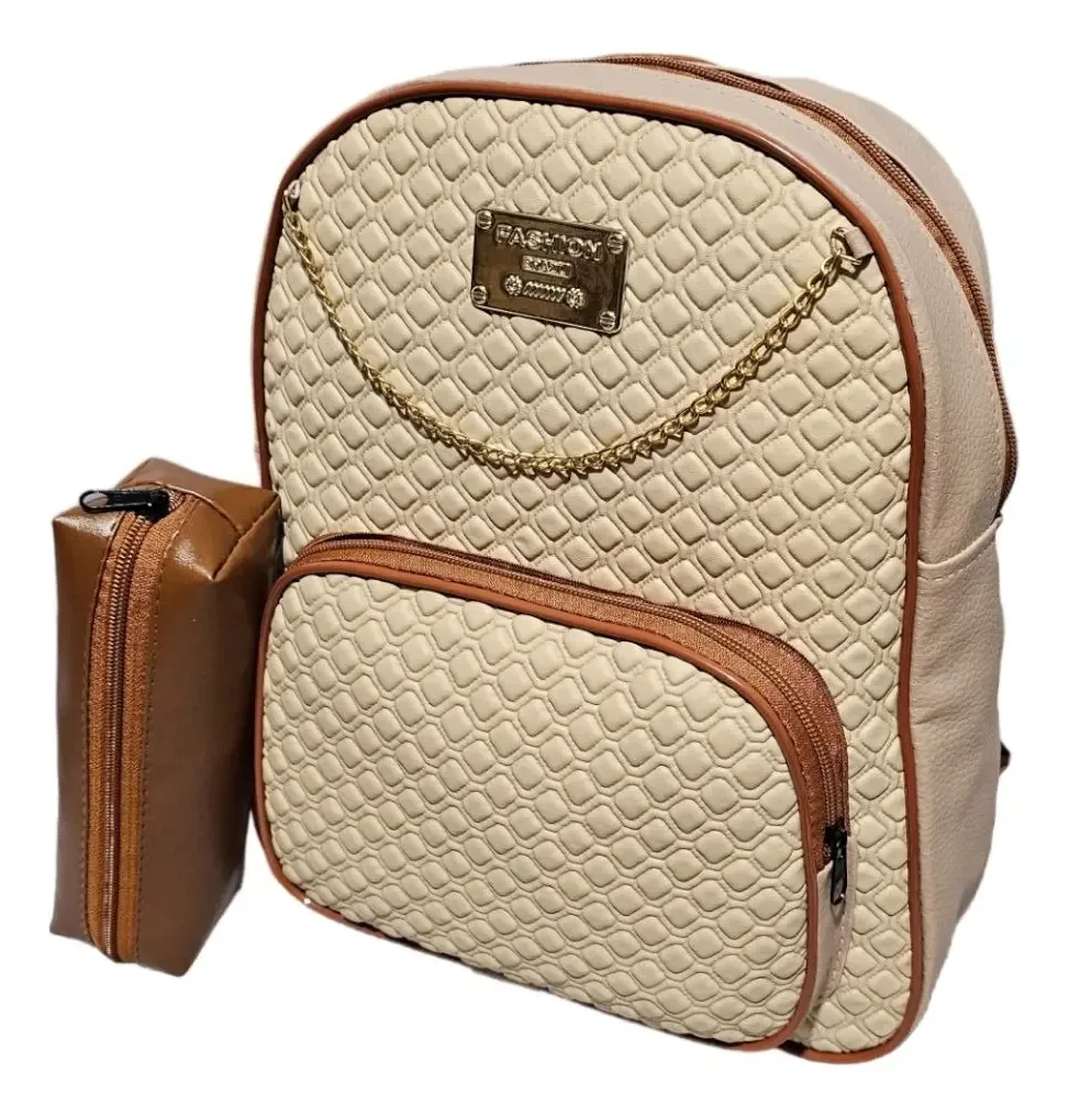 Mochila Feminina Com Corrente Escolar E Passeio Estojo Cor Bege Desenho Do Tecido Liso