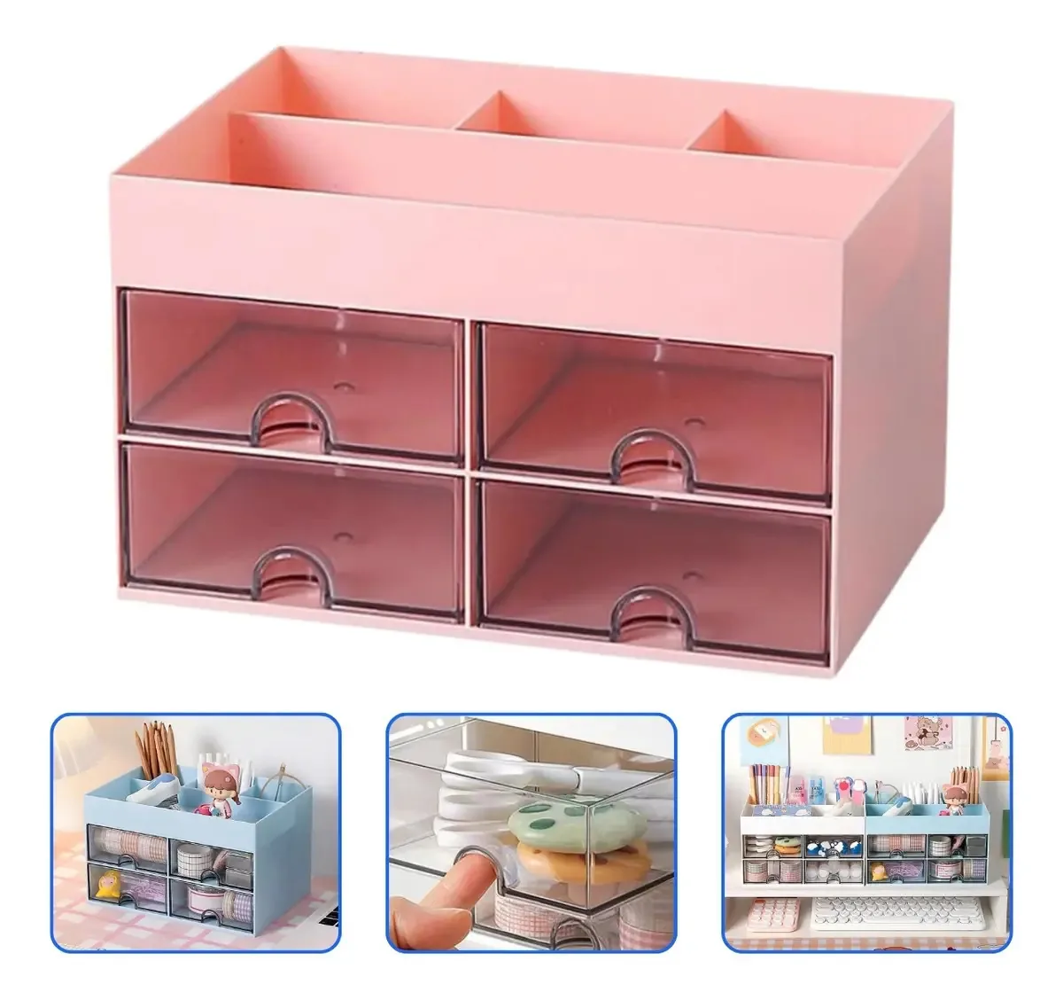 Organizador Mesa Porta Treco Gavetas Escritório Maquiagem Cor Rosa