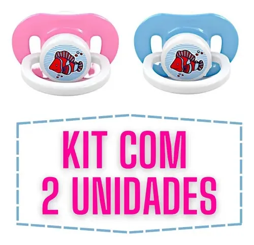 Combo 2 Chupetas Bico Redondo Macio Rosa Verde Azul Vermelho Cor Rosa Bb + Azul