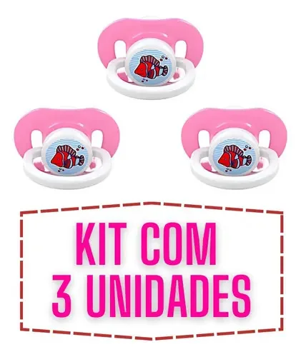 Combo 3 Chupetas Bico Redondo Macio Rosa Verde Azul Vermelho Cor Rosa Bebê