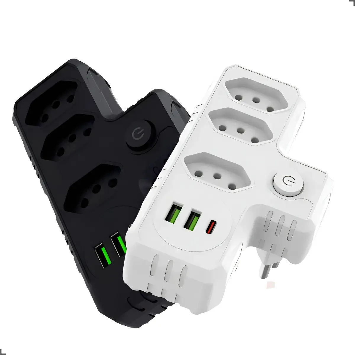 Adaptador de Tomada Triplo com 3 Entradas, 2 USB e 1 Tipo C