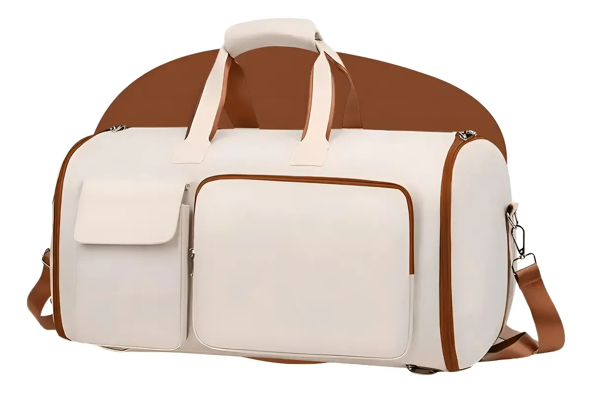 Mala Bolsa De Viagem Dobrável Com Cabideiro Interno Organizador Para Roupas, Ternos E Vestidos Alça Removível, Compartimentos Para Sapatos E Acessórios Cor Bege Pop Imports