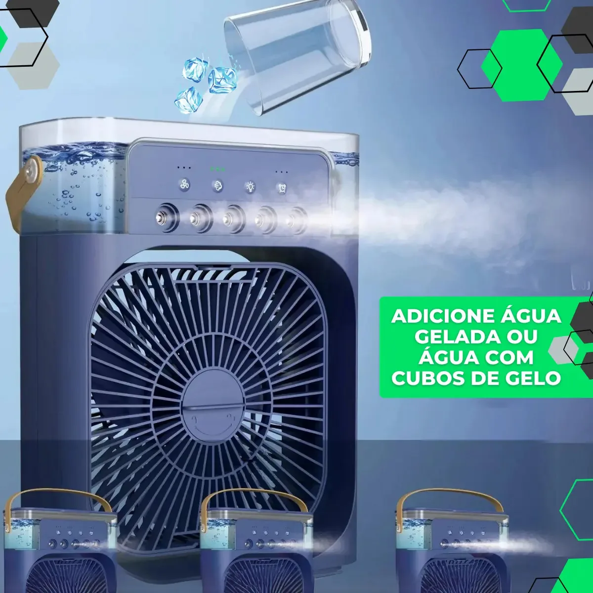 Climatizador De Ar E Umidificador Portátil Azul Com Reservatório Para Água E Gelo 300ml Ventilador Silencioso E Compacto Ideal Para Casa, Escritório Ou Viagens Marca Pop Imports