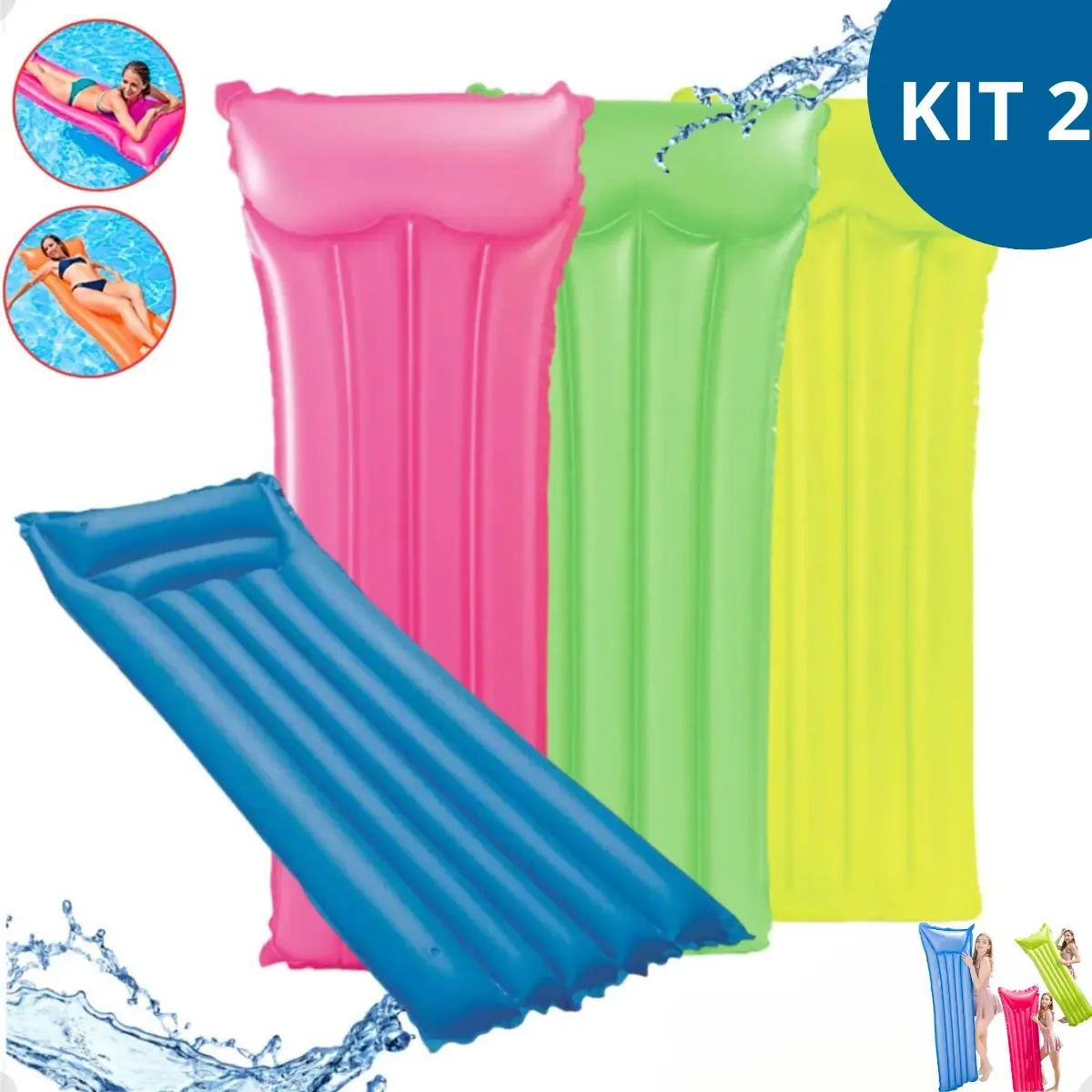 Kit 2 Boias Colchão Inflável Grande Piscina Praia Com Travesseiro Integrado 174x59cm Colchão Inflável Flutuante Adulto Resistente