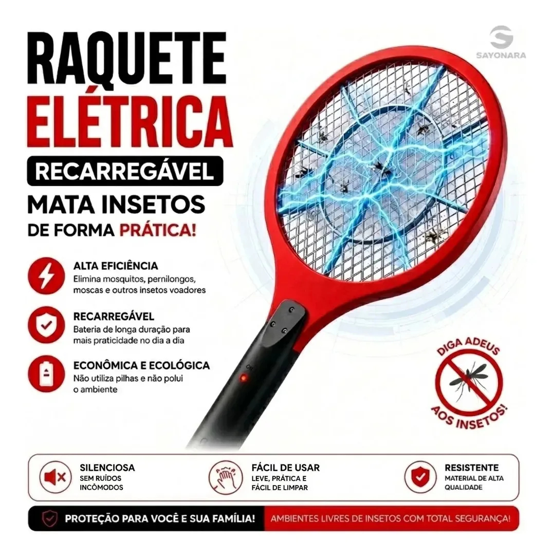 Raquete Elétrica Recarregável Bivolt Mata Mosquito Pernilongos E Insetos Portátil Com Proteção Para Casa Quarto Cozinha E Camping - Shokki