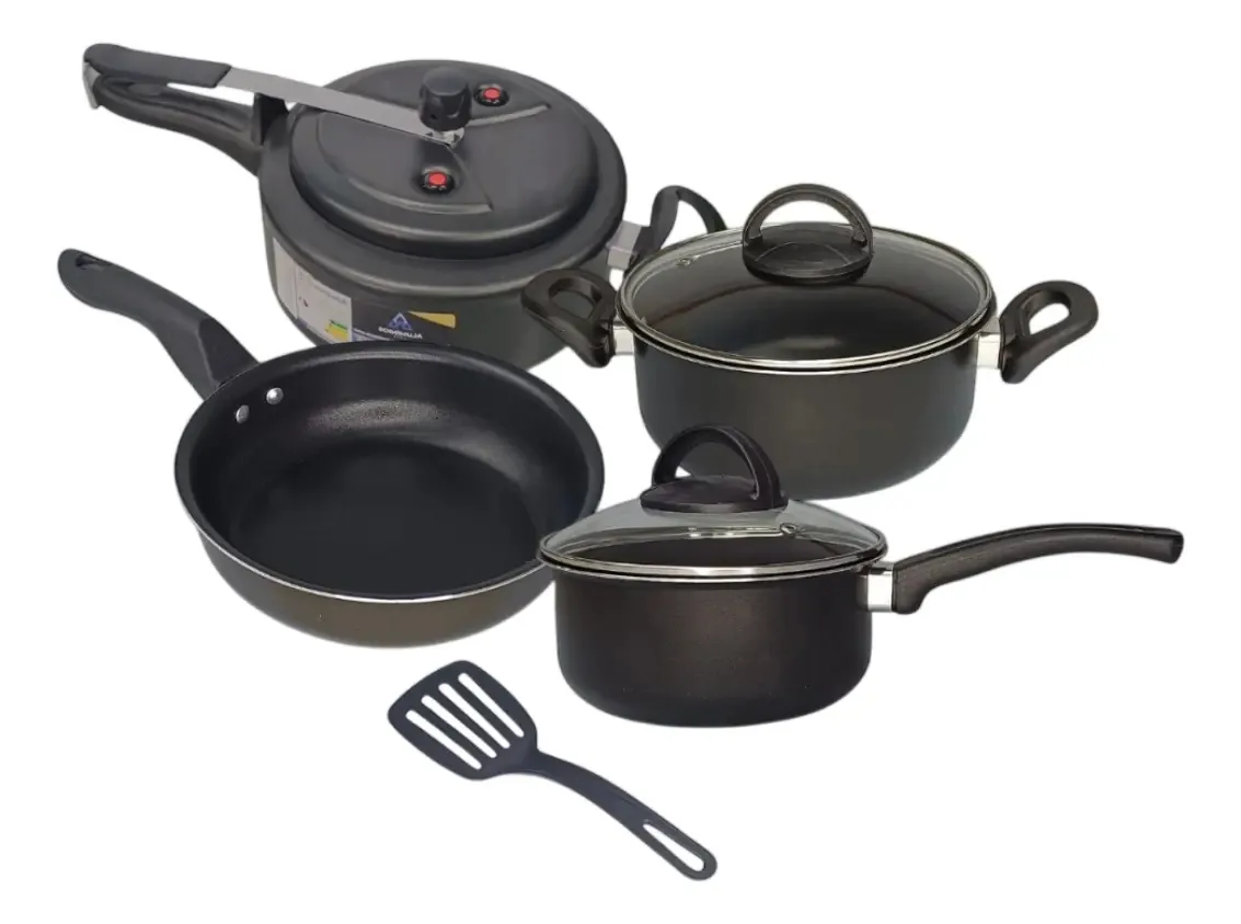 Jogo Panelas 4 Peças + Panela Pressão 3,5l Cozinha Completa Preto