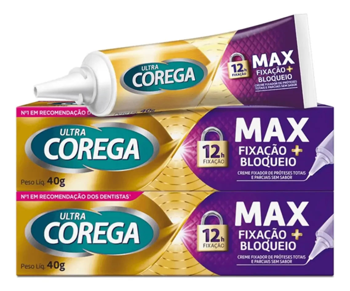 Kit 2 Cremes Fixadores Ultra Corega Max Fixação + Bloqueio Sem Sabor 40g