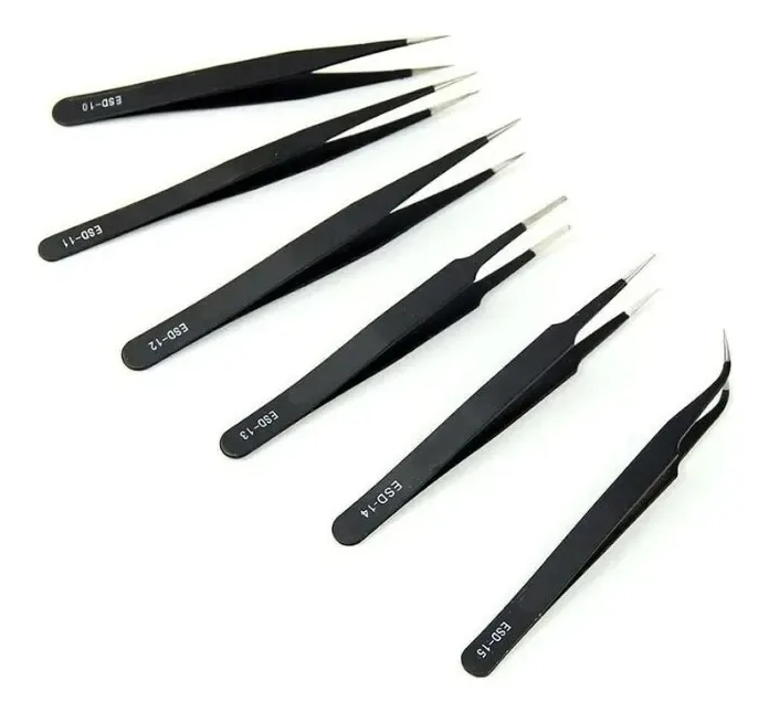 Kit 6 Pinças Antiestáticas Esd Inox Profissional Ponta Fina Para Eletrônica Smd Solda Reparo Celular Alta Precisão