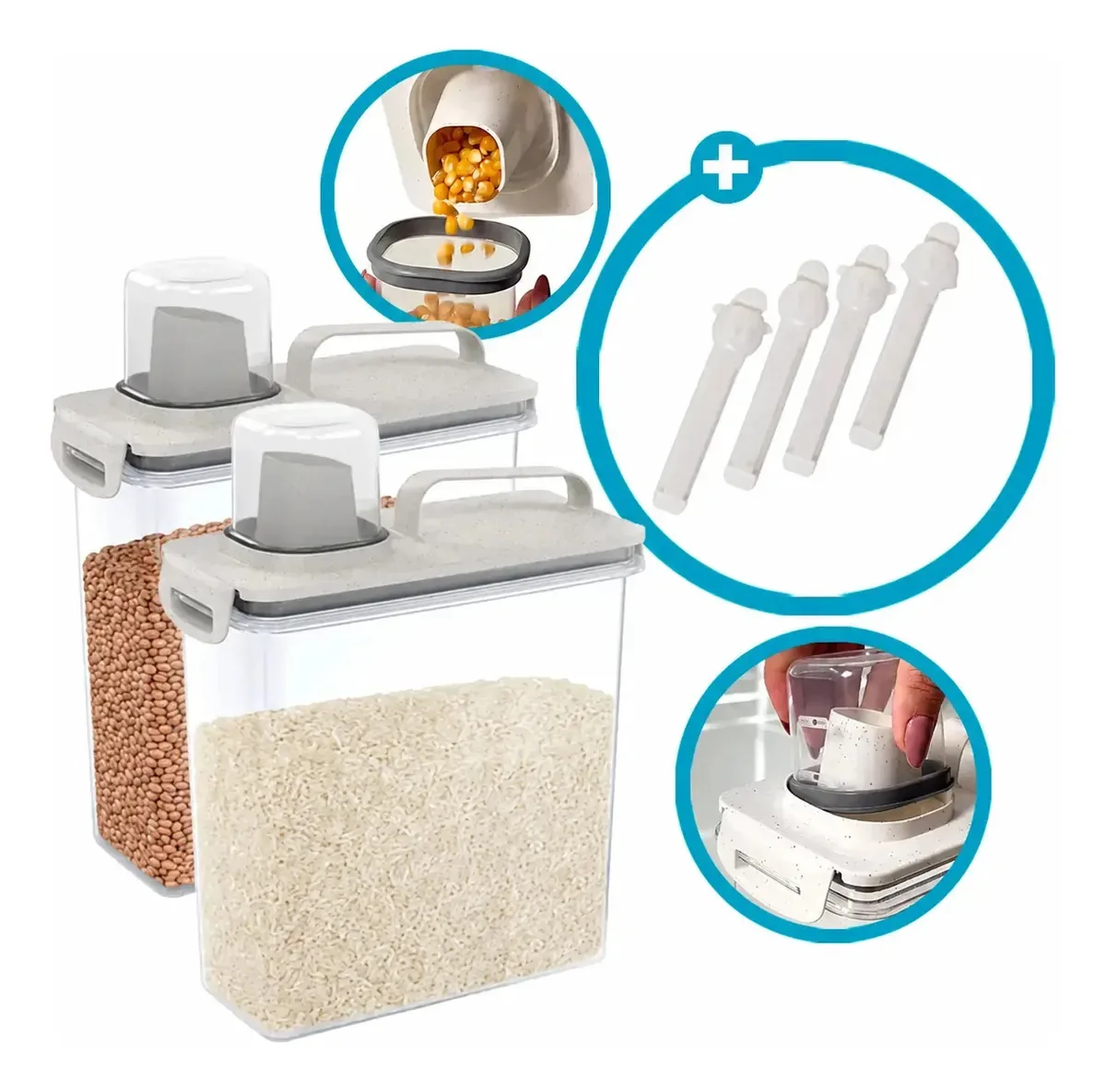 Kit 2 Dispenser Pote Hermético 3 Litros Organização Alimentos Cozinha e Lavanderia Amaciante Sabão em Pó Cereais + 4 Lacres Para Embalagens