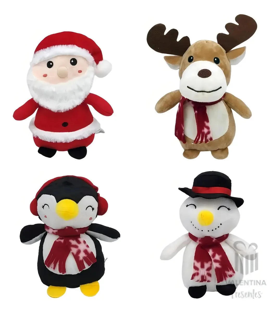 Kit 4 Pelúcias de Natal Papai Noel, Rena, Pinguim e Boneco de Neve