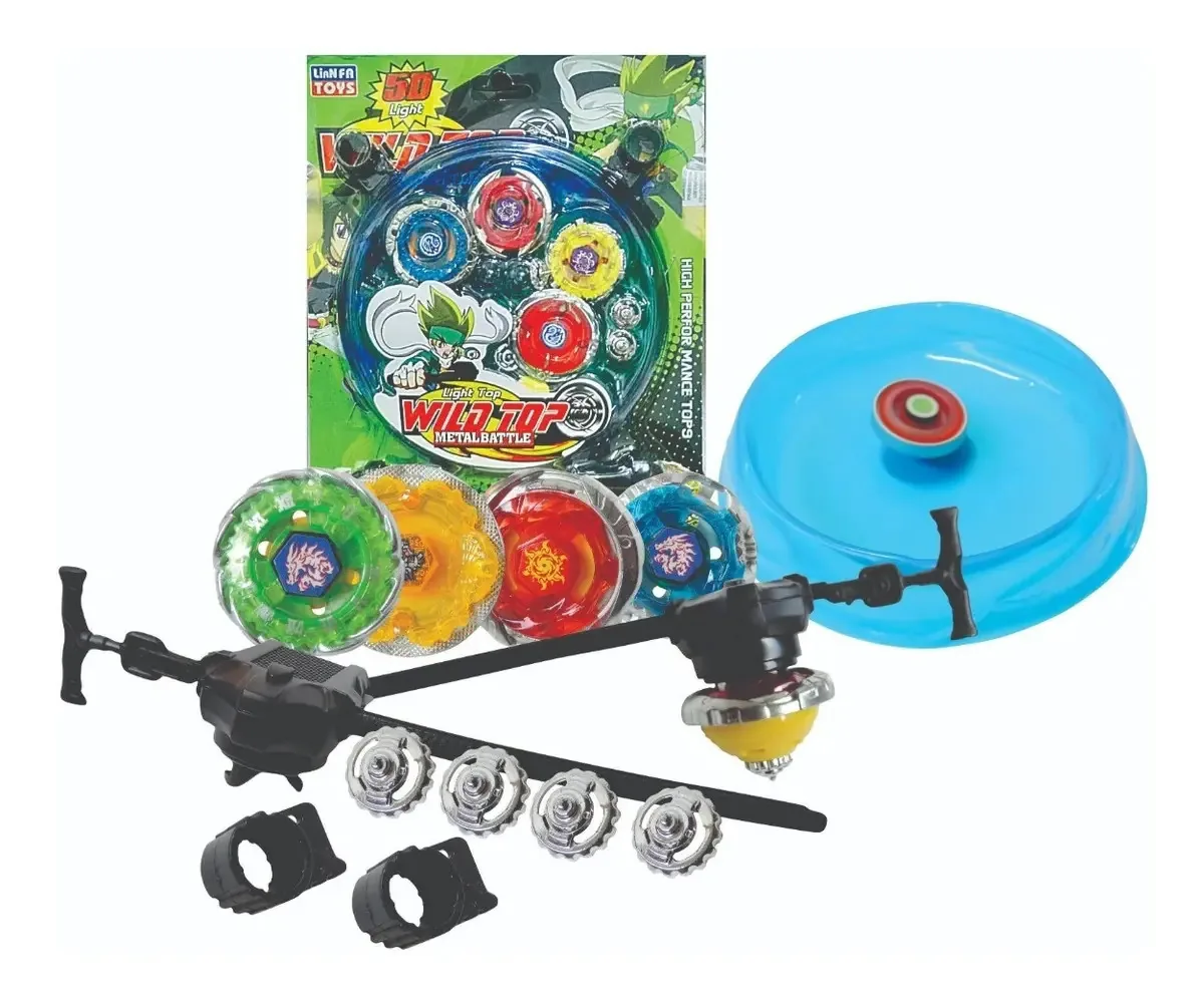 Kit 4 Beyblade Metal Led + Lançador + Arena Top