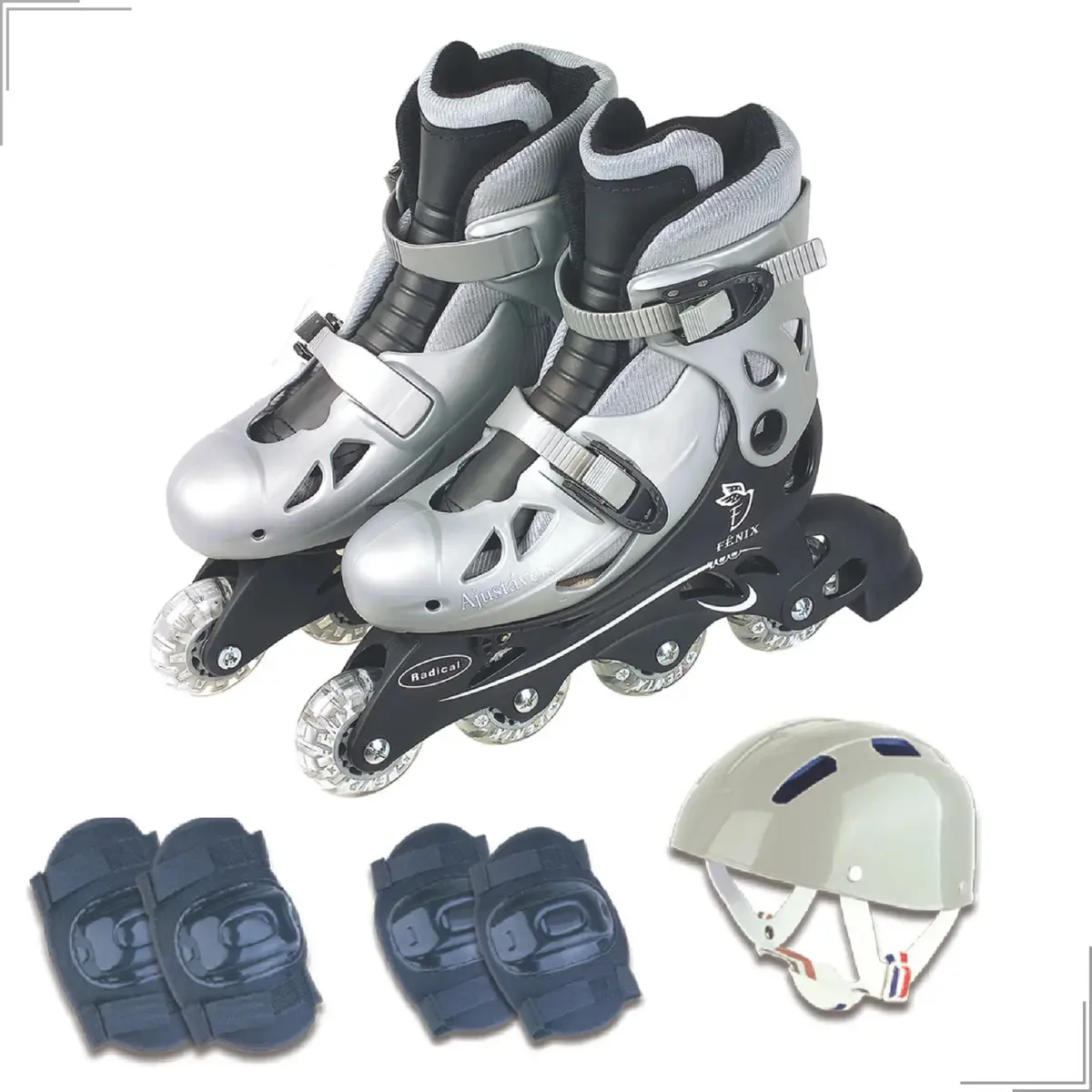 Patins Infantil Roller 4 Rodas Ajustável Com Kit Proteção Cor Prata Tamanho Dos Patins Ajustável 30-33