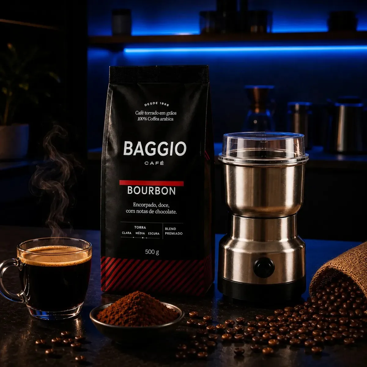 Café Baggio Torrado Em Grãos + Moedor Elétrico Inox De Grãos
