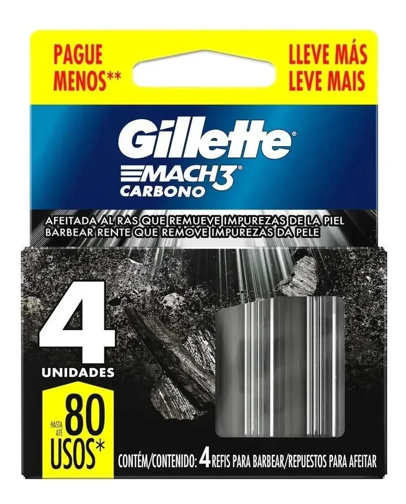 Gillette Mach3 Carbono Refil: Barba Perfeita Com 4 Unids