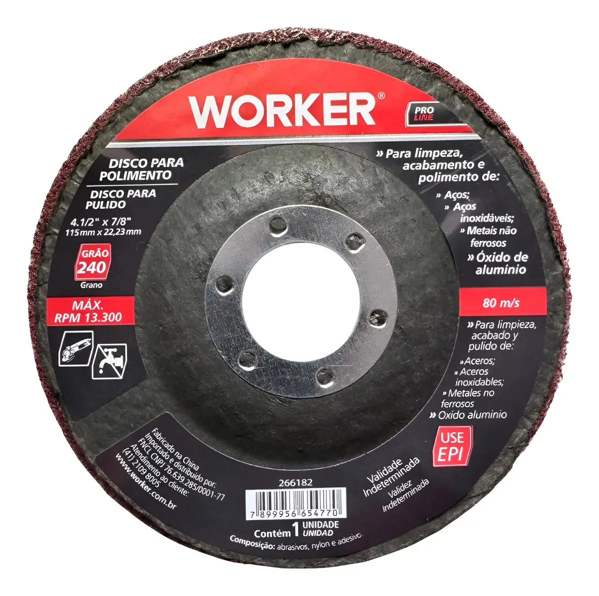 Disco de Polimento Worker 4.1/2" Grão 240, para Aço Inoxidável e Metais
