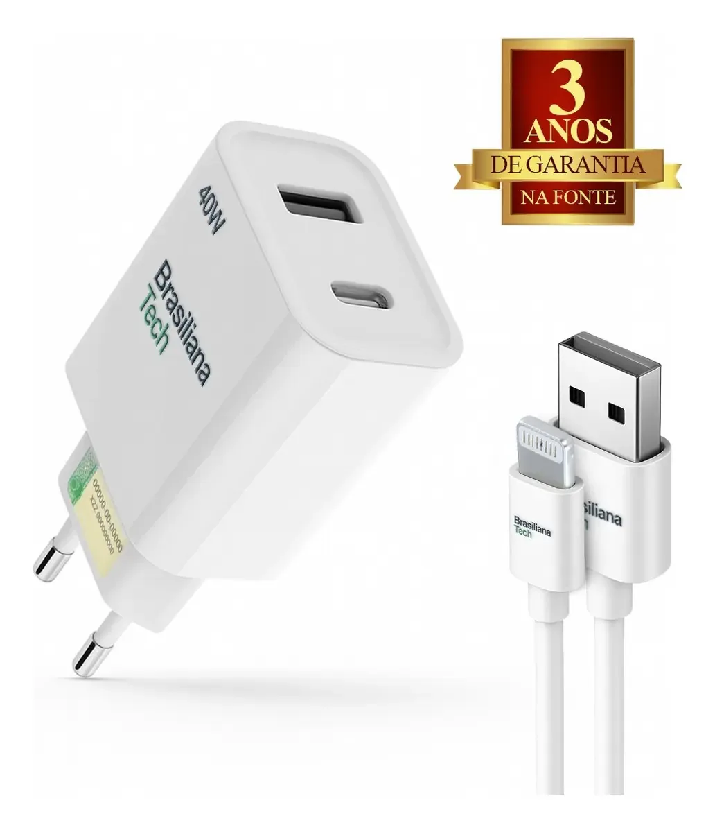 Carregador turbo 40w duas entradas usb e tipo c completo com fonte e cabo compatível ios carga rápida power delivery ideal para celular iphone tablet acessórios viagem uso diário Brasiliana Tech