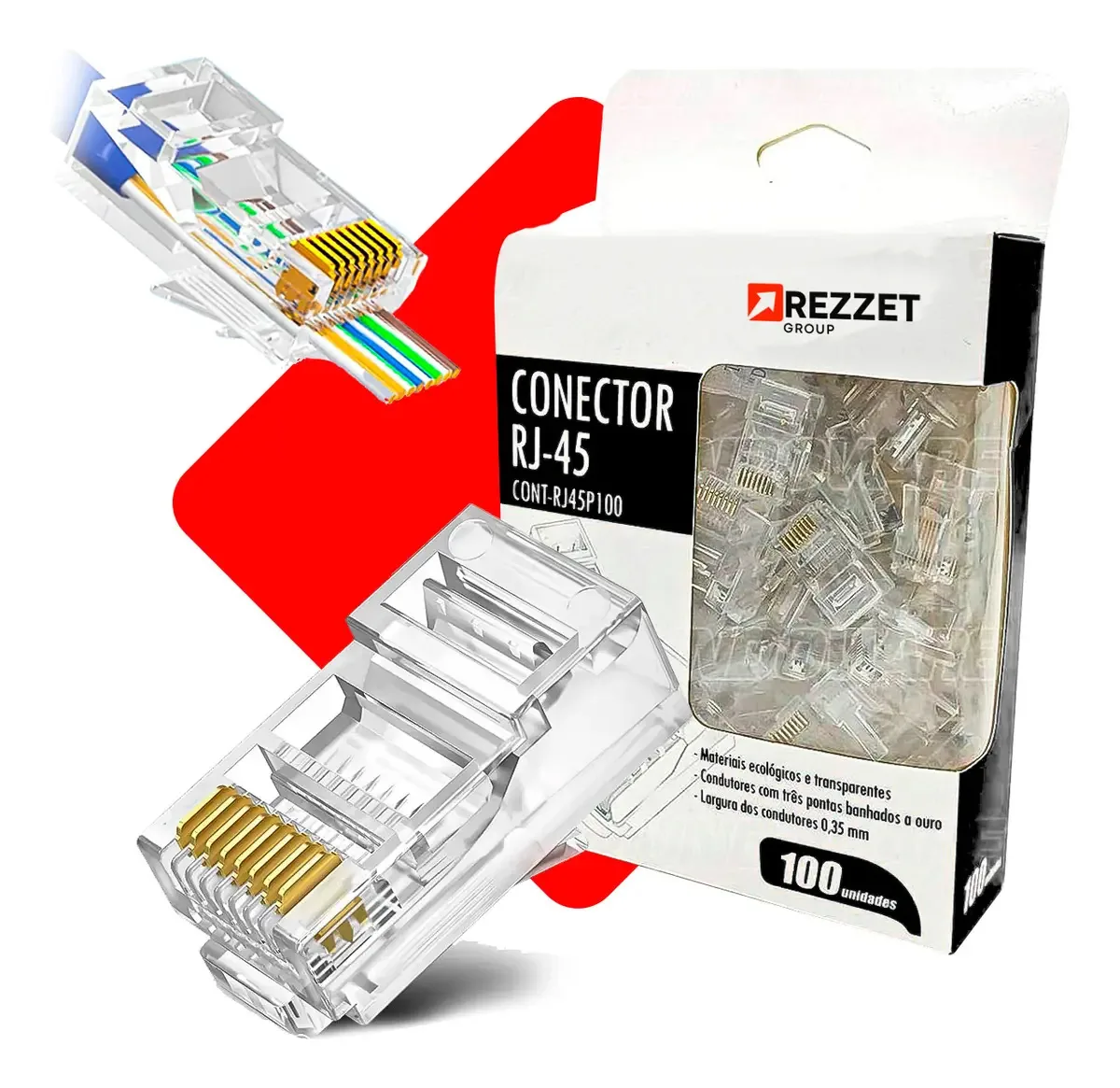 Conectores De Internet Rede Rj45 Vazado Cat5e Cat6e Banhado A Ouro 100 Unidades Fergusom