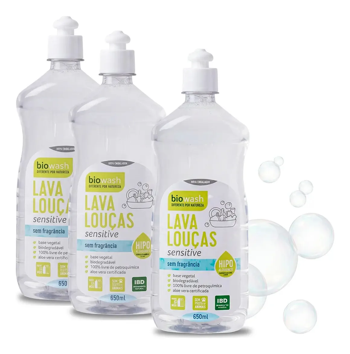 Kit 3 Lava Louças Detergente Vegano Sensitive 650ml Biowash