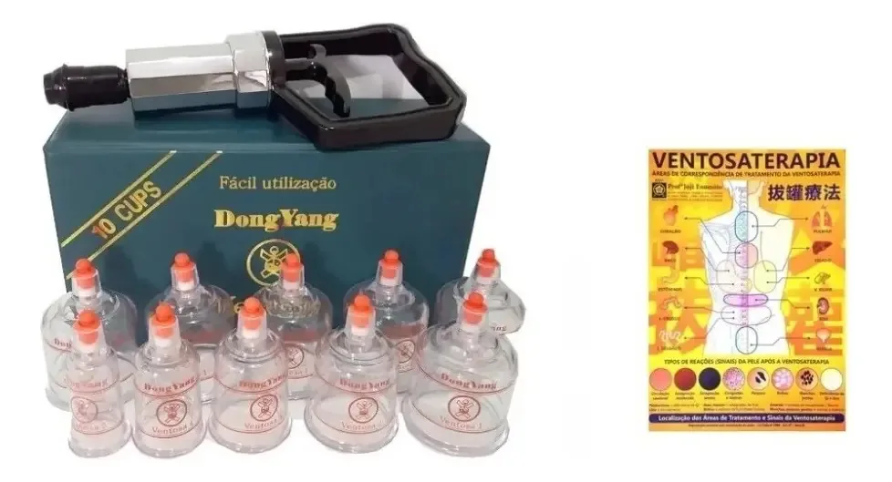 Kit Ventosas Dong Yang C/ 10 Copos Acrílico e Pistola + Mapa Ventosaterapia