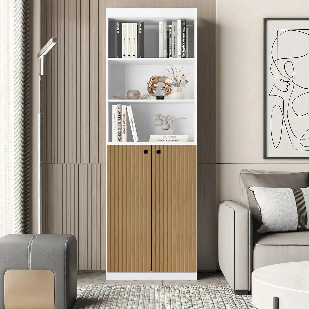 Livreiro Organizador Escritório Estante Para Livros Com Portas E Prateleiras Gold luxo Modulado cor branco Ripado